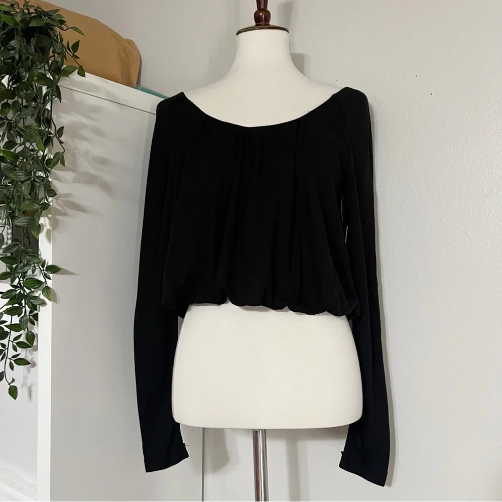 Free People Bondi Termal Long Sleeve Back Tie Top in Black‎ Size XSmall